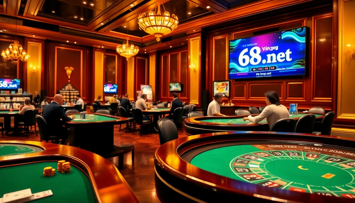 Experience the vibrancy of gambling at 69vn.gb.net with players enjoying poker and roulette in a luxurious casino.
