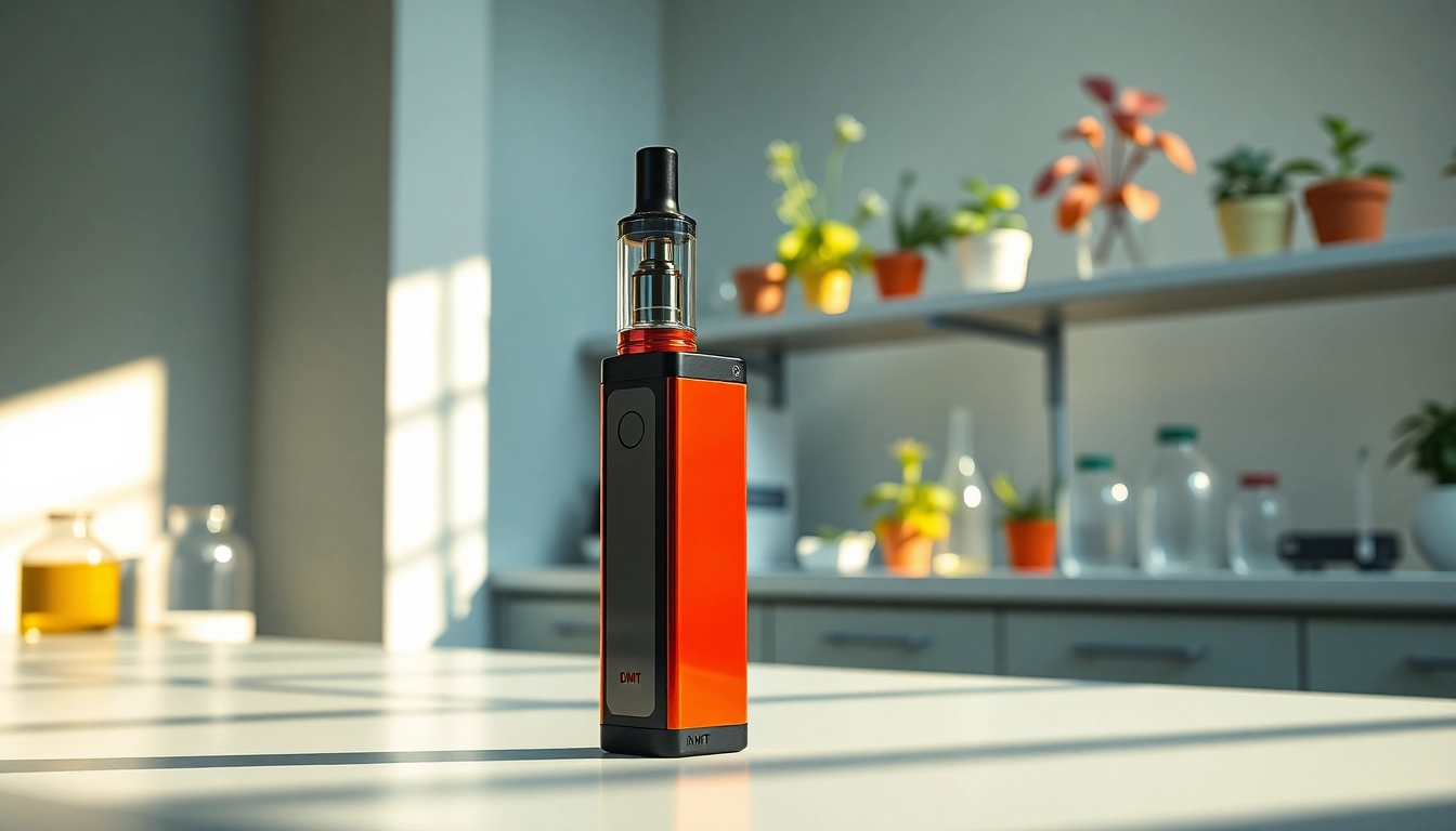 Buy DMT online through a visually striking DMT vape cartridge set in a modern lab.