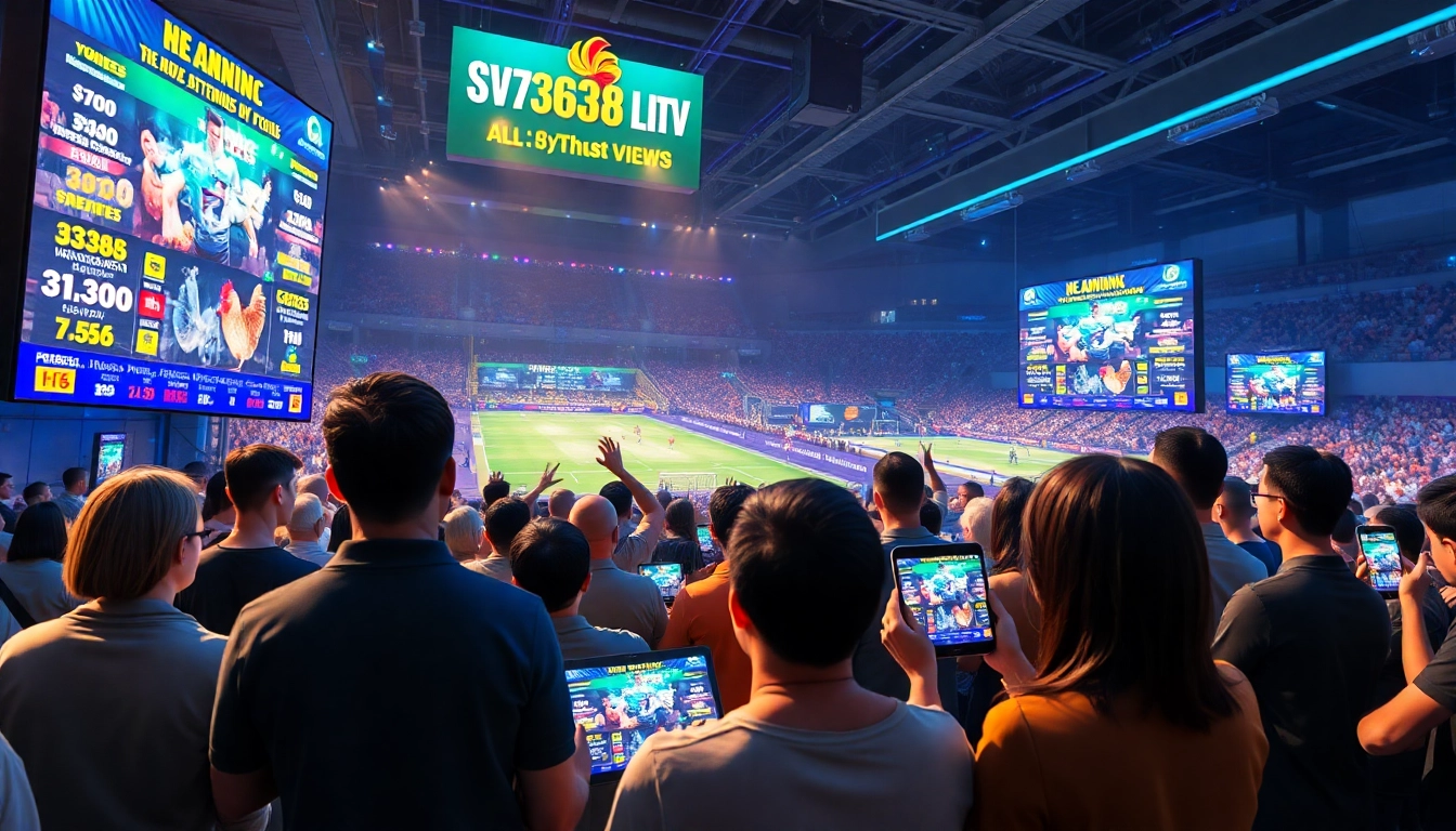 Exciting live betting scene showcasing sv368win.live with diverse users engaging on mobile apps during a cockfighting event.