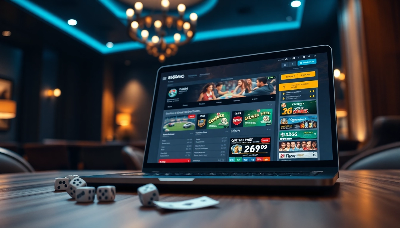 Dynamic gaming lounge showcasing the online betting platform s666.nyc on a sleek laptop, emphasizing security and a luxurious atmosphere.