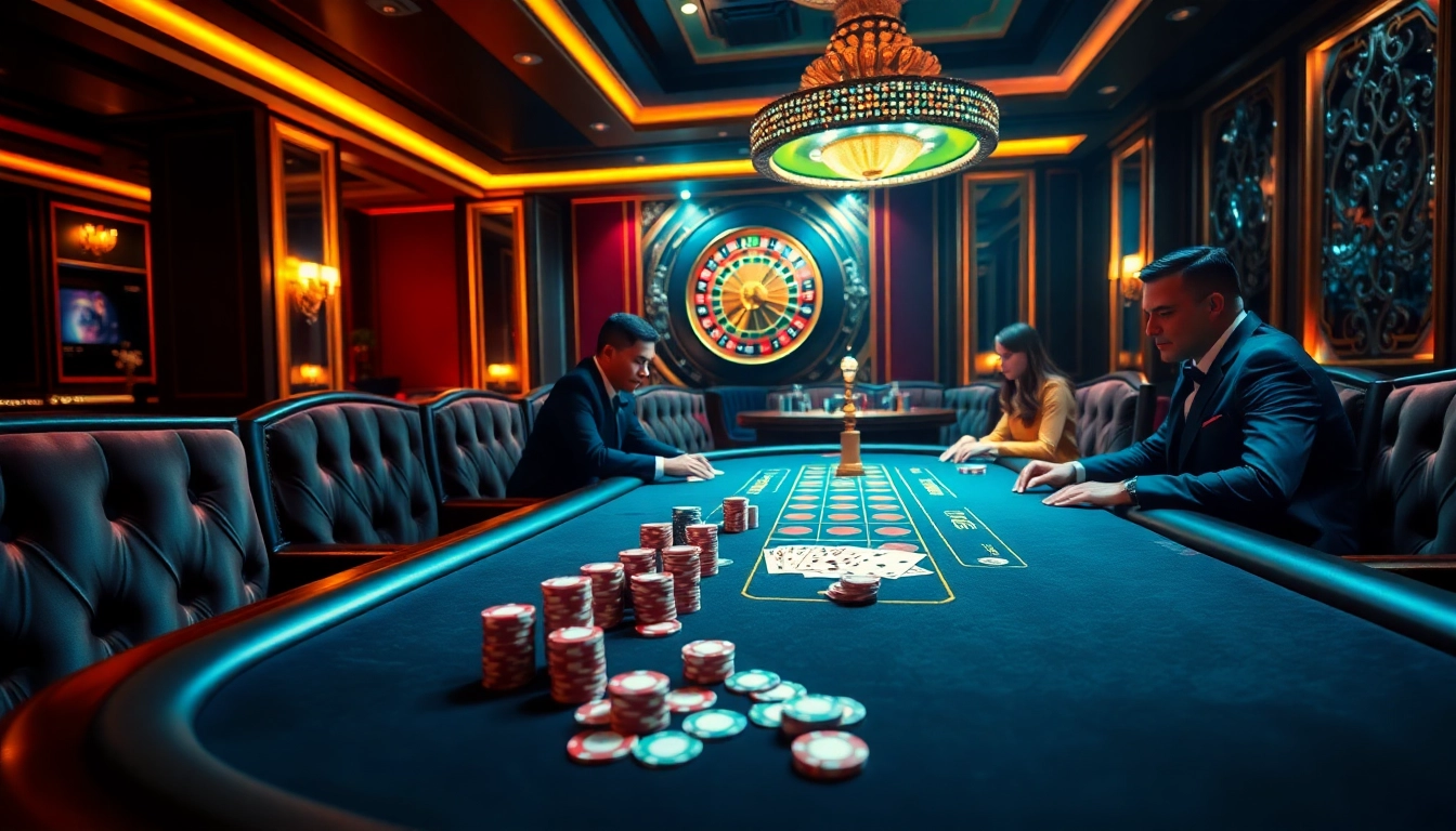 Engaging poker game scene at dom88.us.com with professional dealers and vibrant casino ambiance.