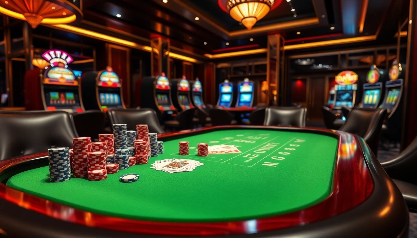 Experience the thrilling ambiance of high-stakes gambling at c54.gb.net with vibrant poker tables and gleaming slot machines.