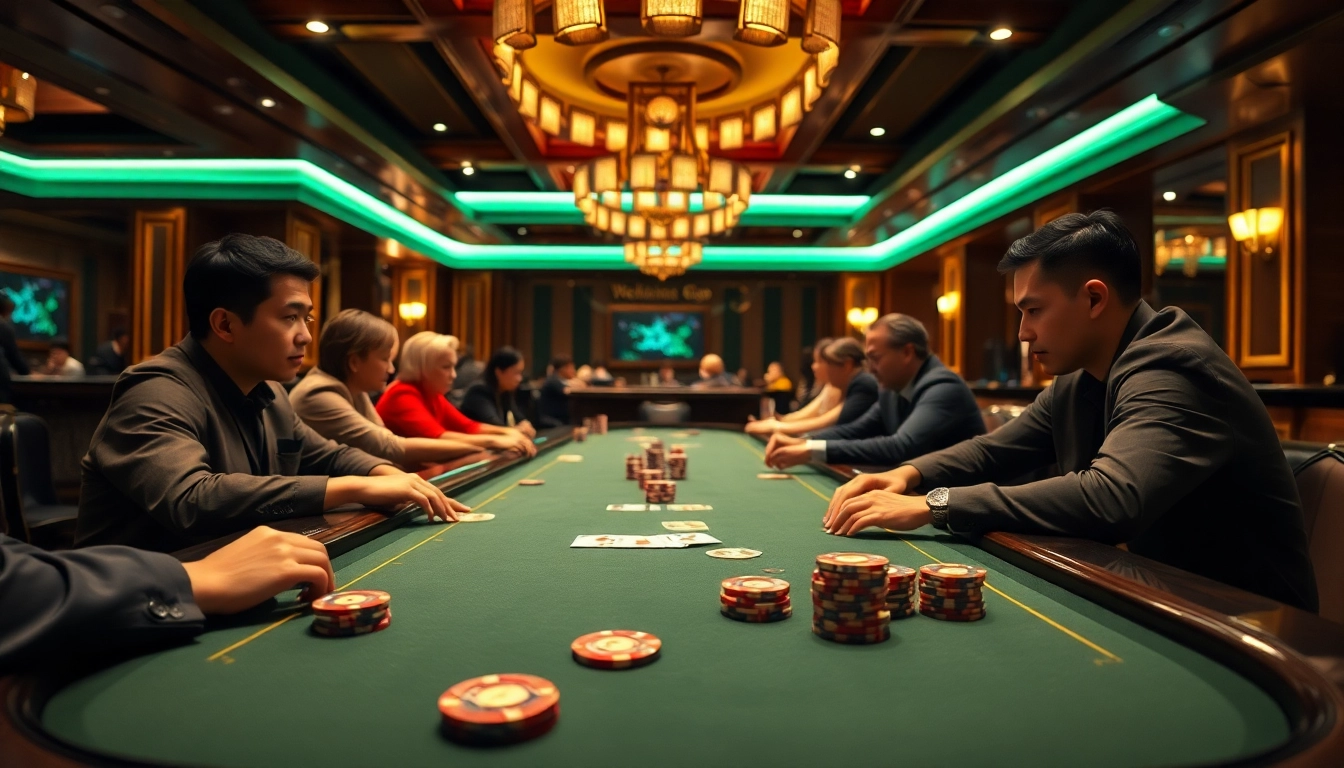 Exciting poker game scene at new88go.com, showcasing players in a classy casino setting.