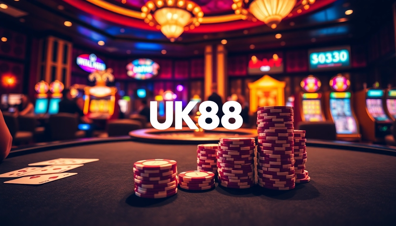 Experience the exciting atmosphere of online gambling at https://uk88.trading/ with a luxurious poker table and roulette wheel.