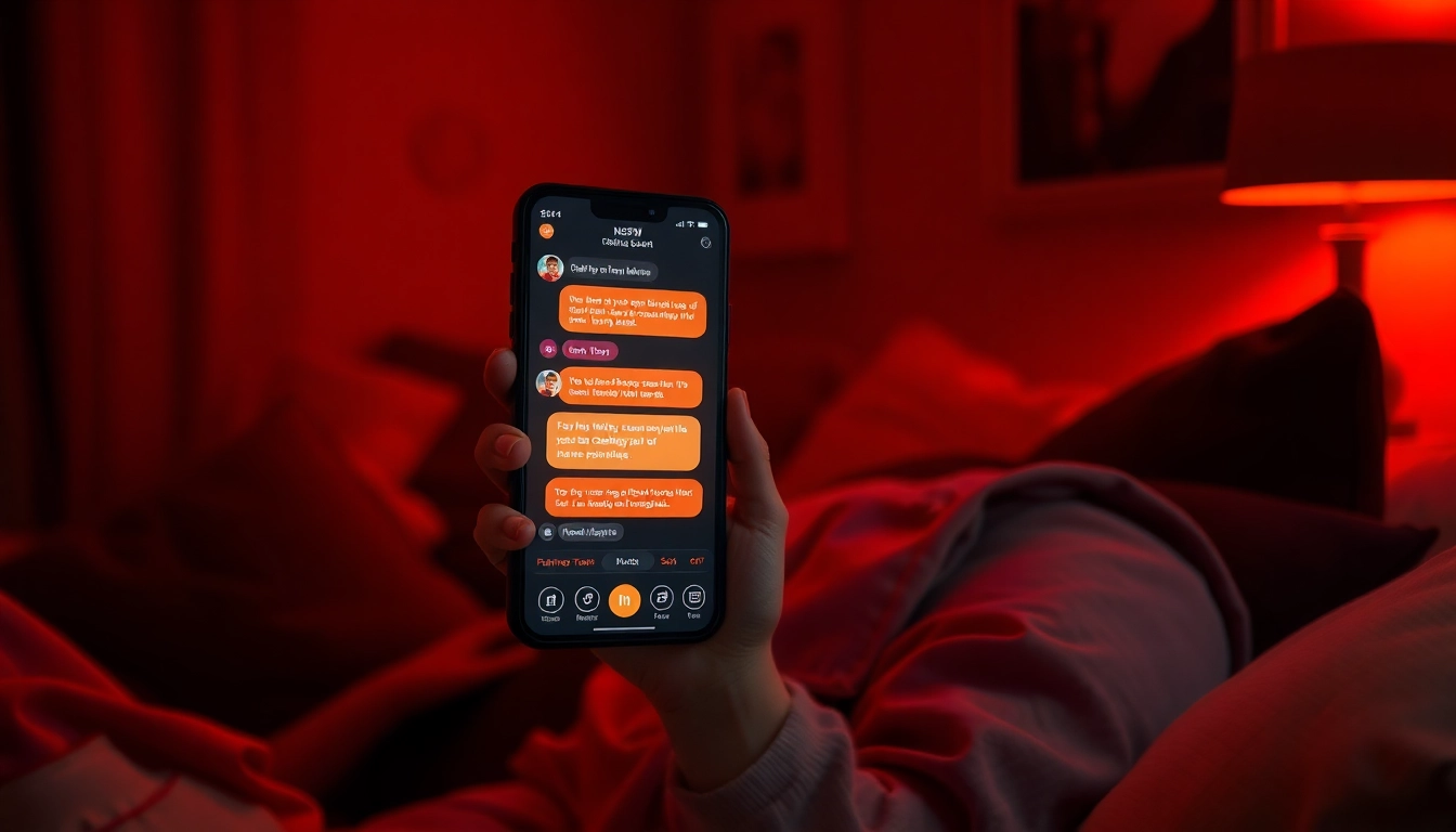 Engaging NSFW chat bot interaction on a smartphone in a cozy, warm-lit room.