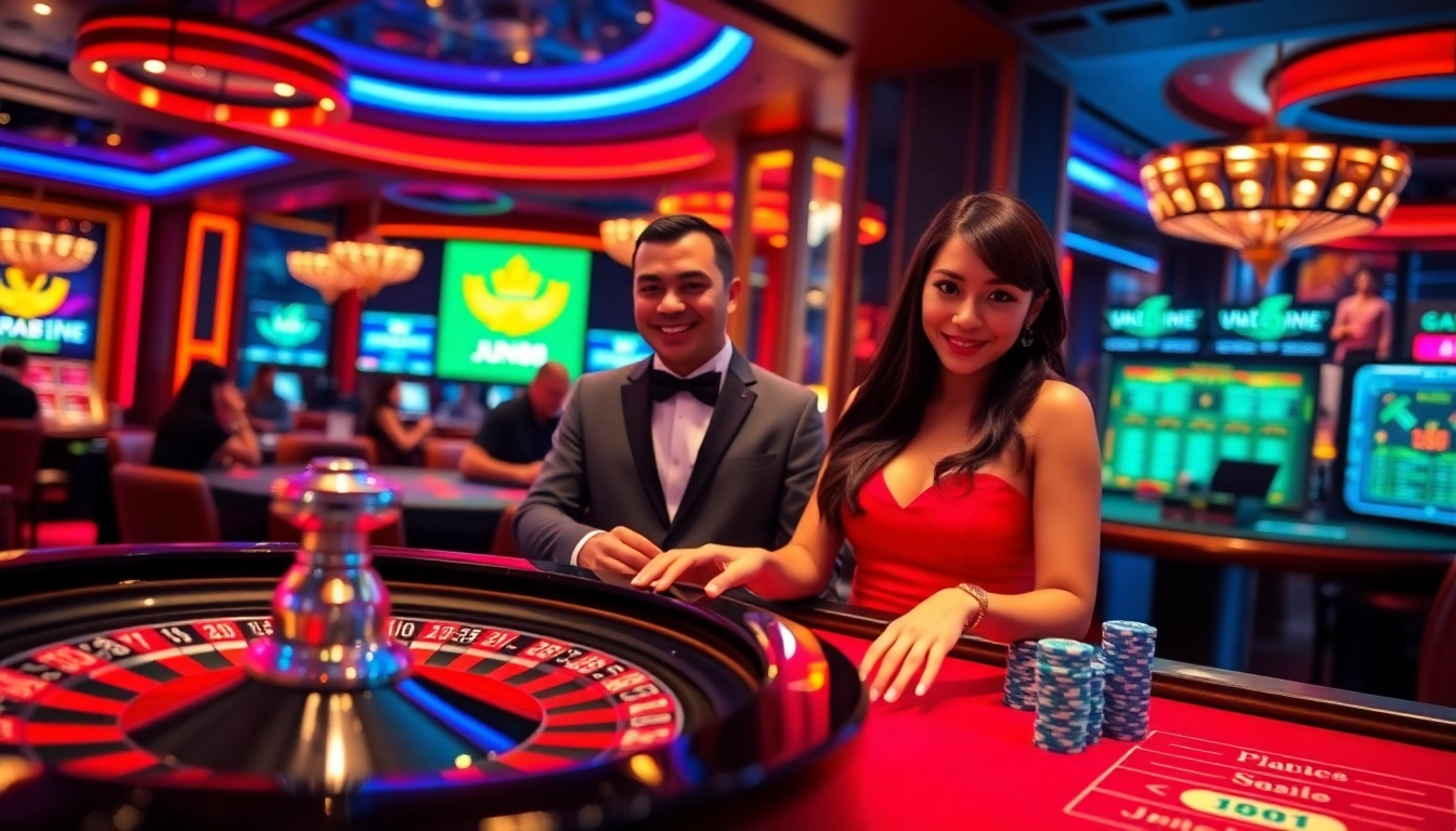 Experience the thrill of Jun88 casino with professional dealers at an exciting gaming table.