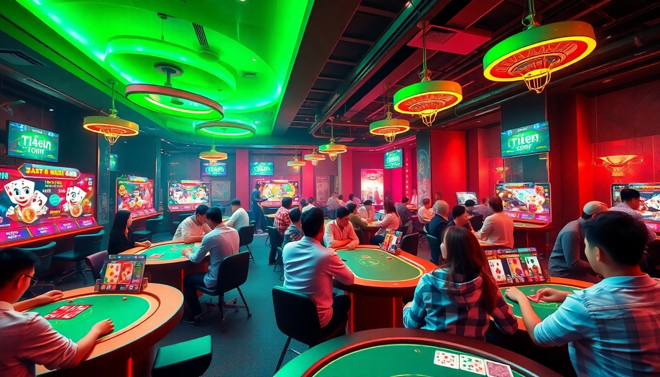 Vibrant digital scene of players enjoying card games at gamebaidoithuong.com.vc, showcasing excitement and community.